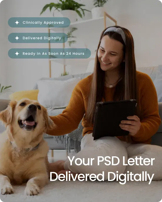 Your PSD Letter Delivered Digitally &mdash; A smiling woman with a golden retriever holding a tablet, with chips reading Clinically Approved, Delivered Digitally, and Ready In As Soon As 24 Hours