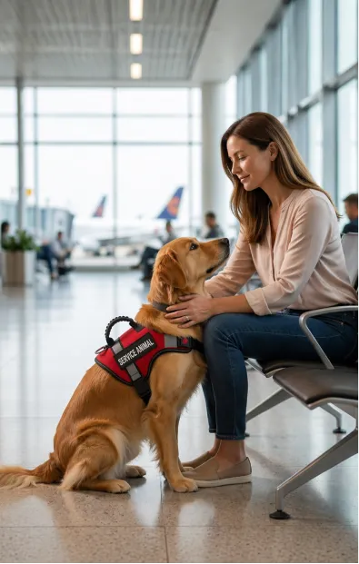 Woman sitting with service dog in airport vest at gate, with planes visible in background