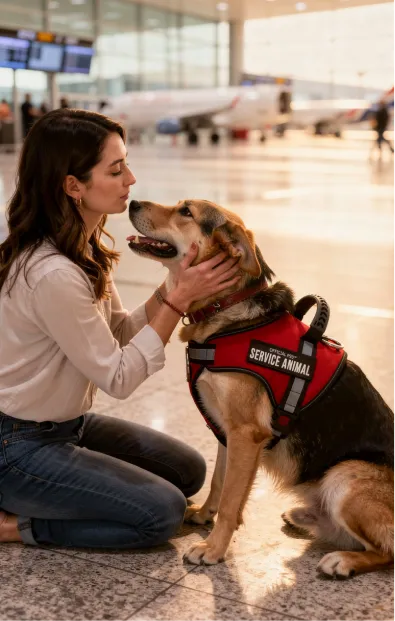 Woman crouching to pet service dog in airport, with aircraft visible in background
